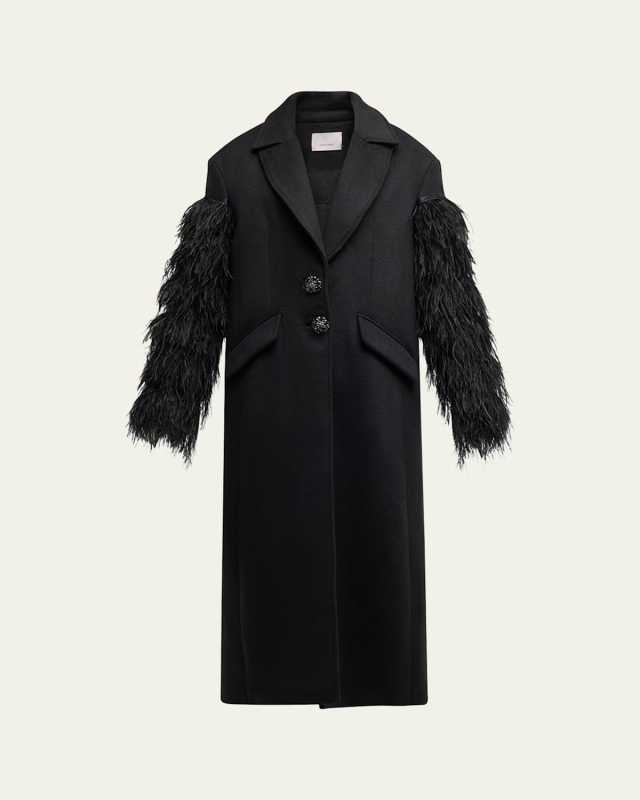 Ali Feather-Sleeve Long Wool-Blend Coat